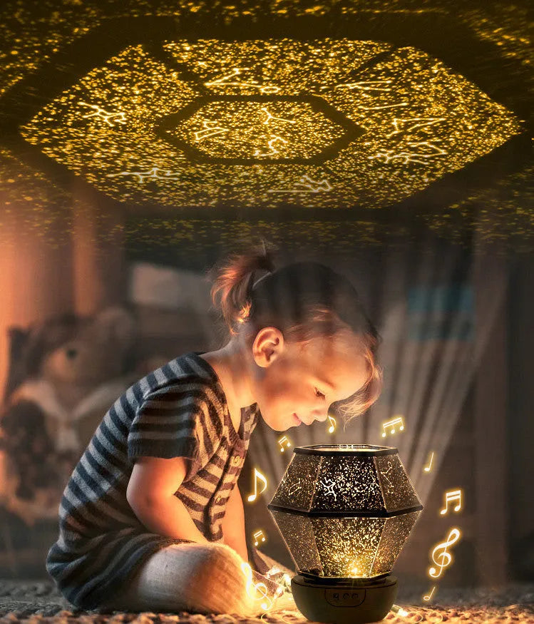 Children's rotating stars LED night light projecting three colour patterns on bedroom ceiling