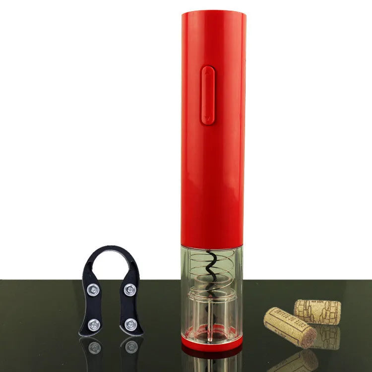 Black automatic electric wine opener with foil cutter and transparent window on white background