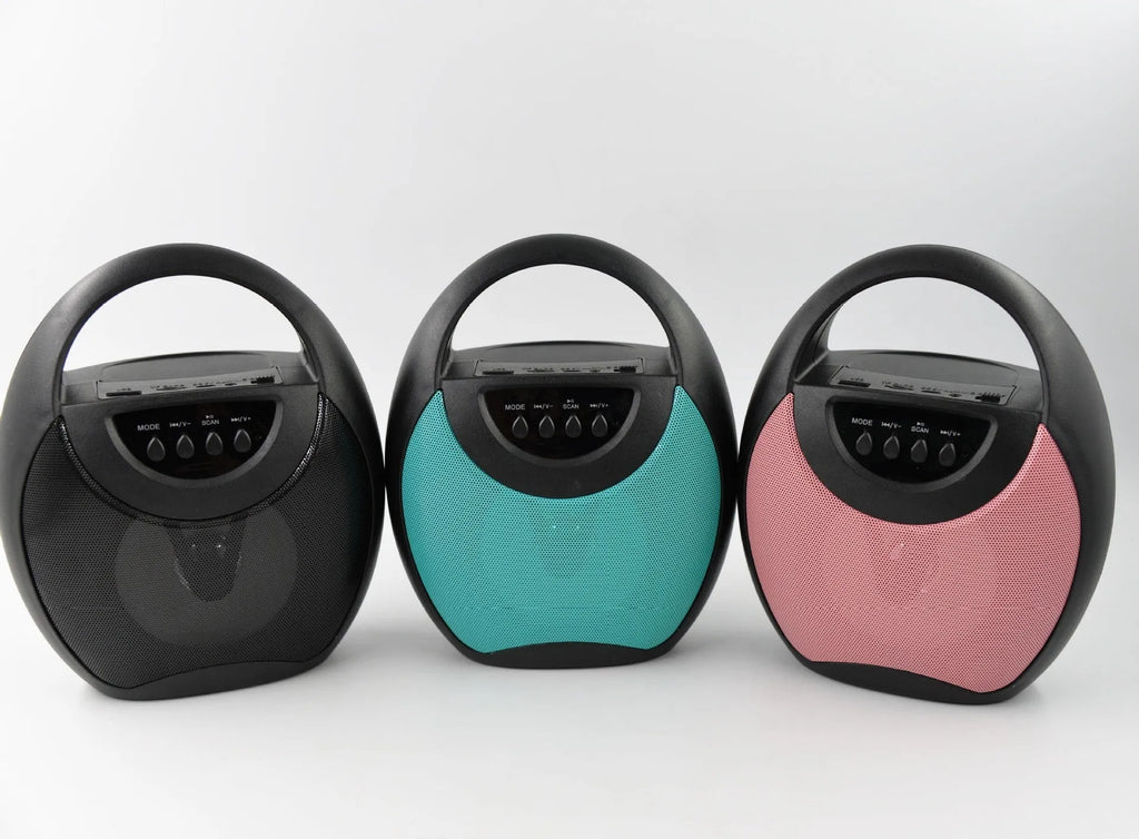 Portable Bluetooth speaker in black, blue or pink colour with USB and card slots