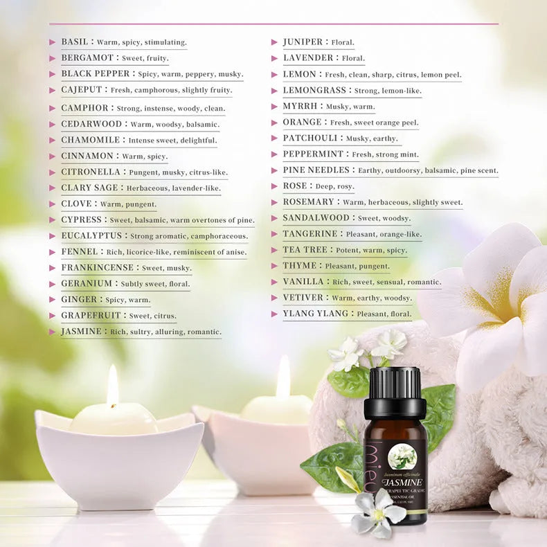 Six 10ml essential oil bottles in a row – tea tree, mint, sweet orange, eucalyptus, rosemary, lavender