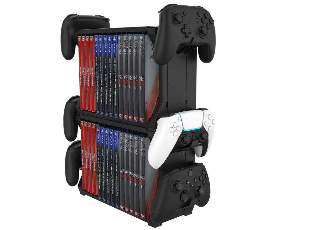 Black PS5 disc holder and controller stand showing game slots and four controller rests.