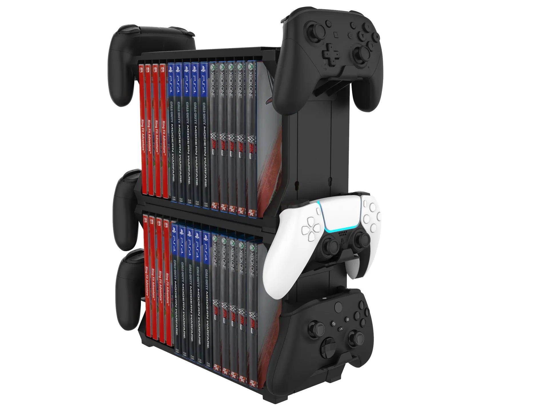 Black PS5 disc holder and controller stand showing game slots and four controller rests.