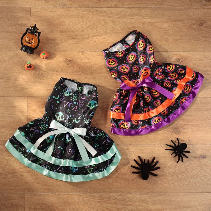 Colourful pumpkin print double-layer dog skirt with elastic waistband for Halloween