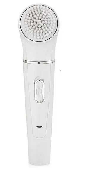 White 5-in-1 electric face and body massager scrubber with 5 interchangeable heads and rechargeable base