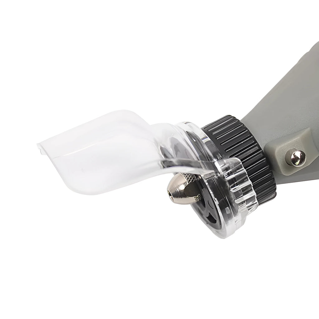 Transparent plastic horn-shaped face shield cover for Delta grinding tools.