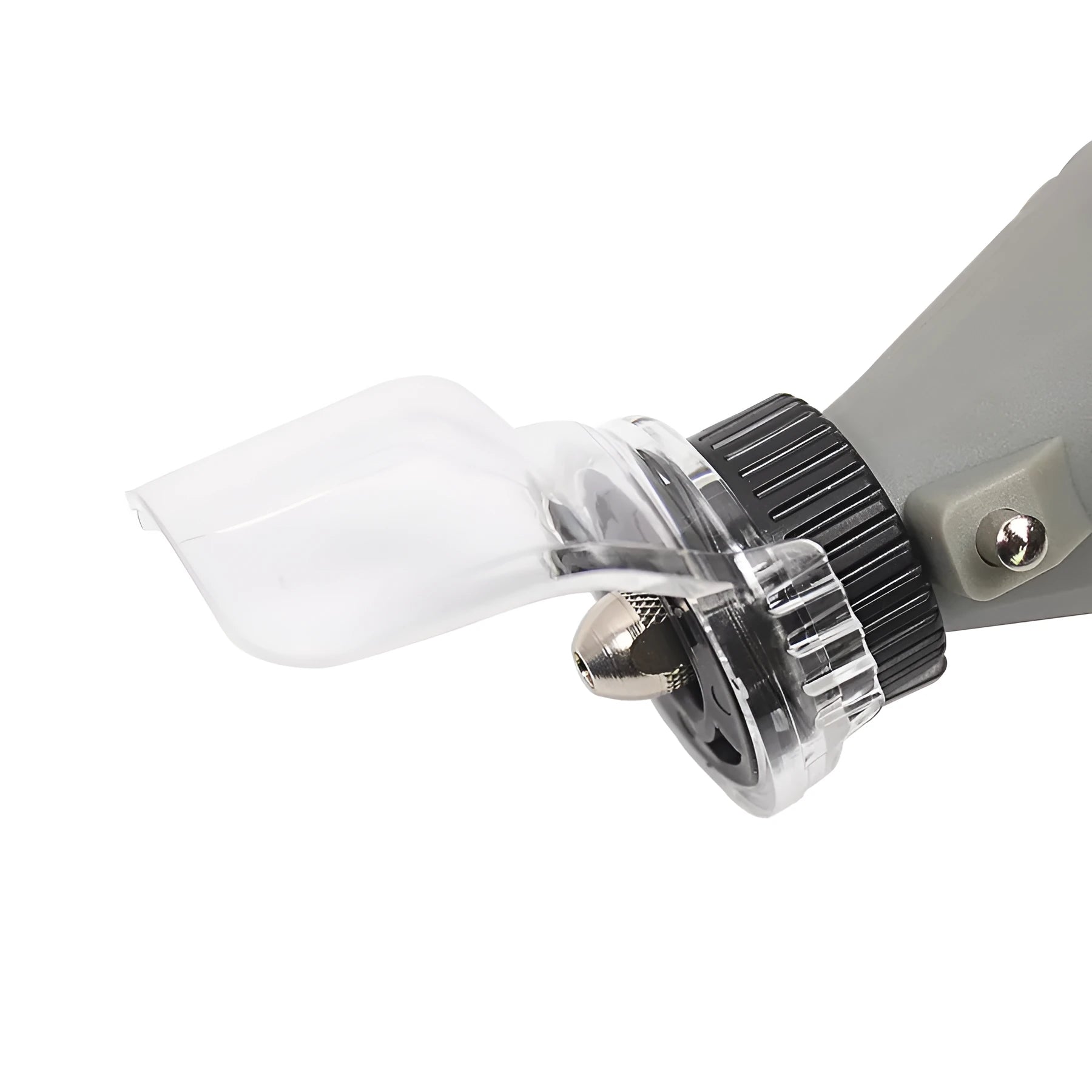 Transparent plastic horn-shaped face shield cover for Delta grinding tools.