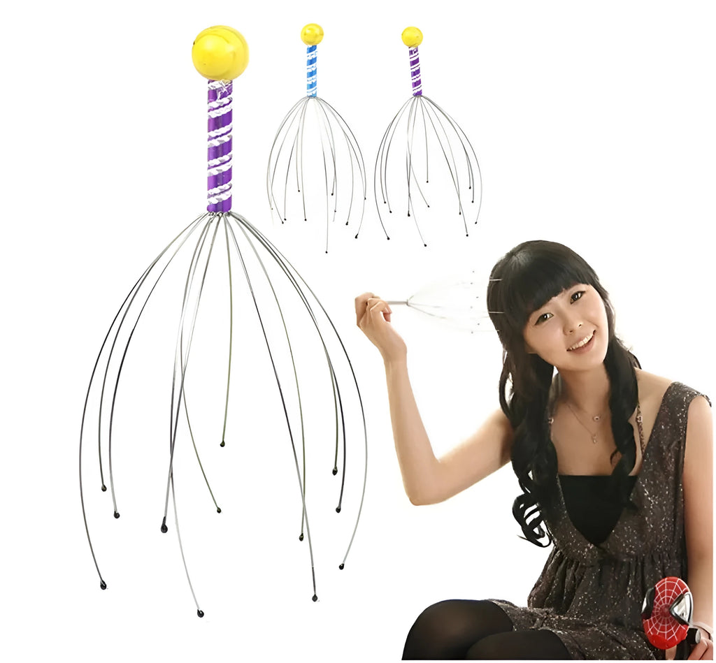Octopus scalp massager with wooden handle and stainless steel threads on a light background