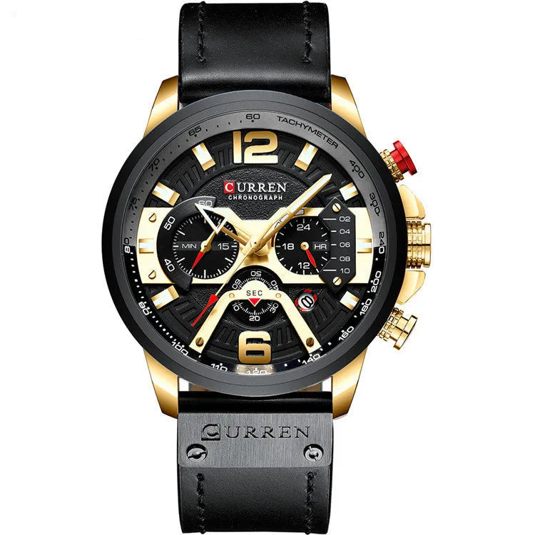 Men's quartz sports watch with alloy case, black face, and belt strap on wrist