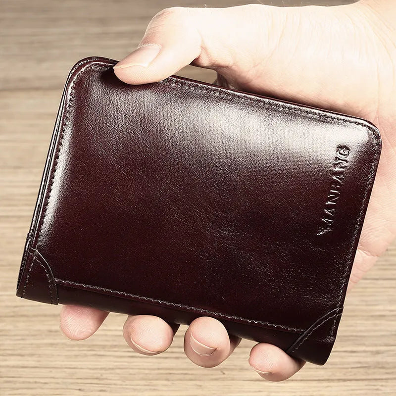 Men's leather wallet in black or brown with banknote folder, card slots, coin pocket, and photo window