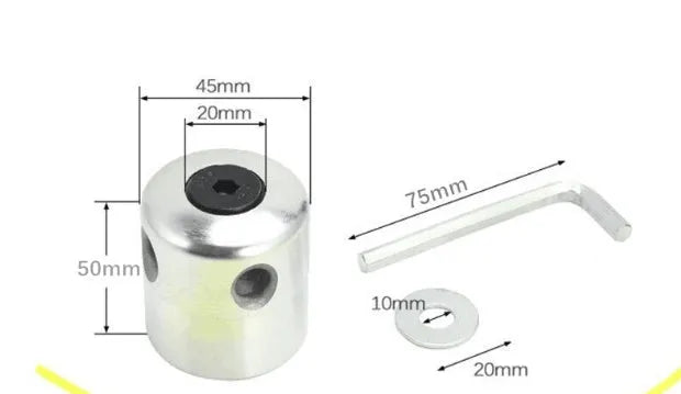 Silver aluminium lawn mower grass trimmer head with four light yellow square cords and a wrench