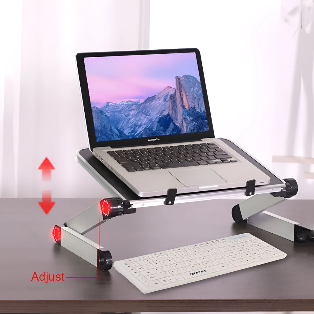Foldable laptop stand in black with 360 degree adjustable angle on a desk