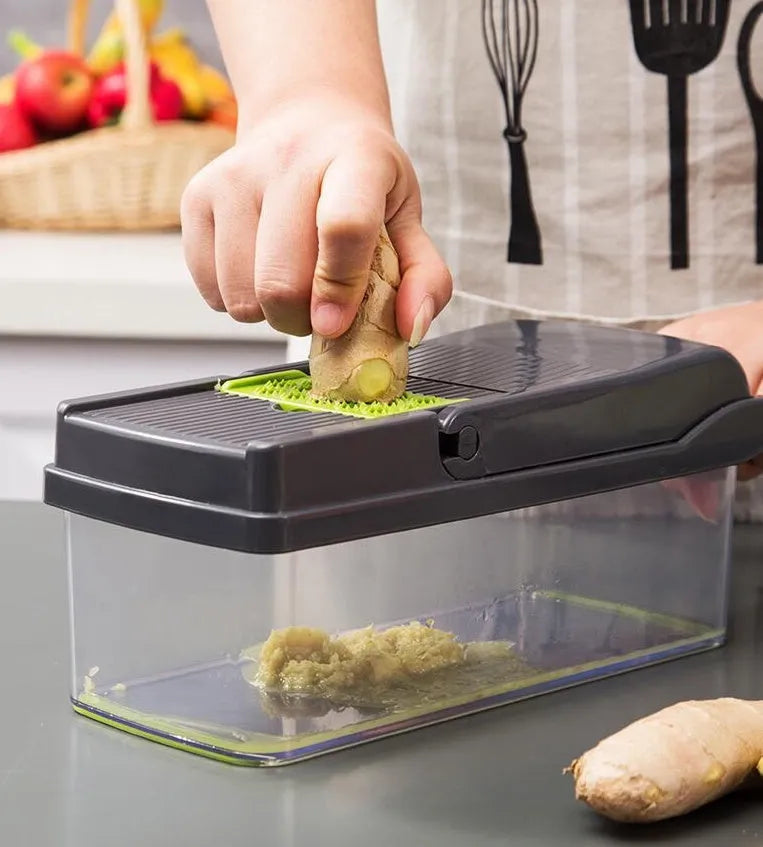 Multifunctional Vegetable Cutter with 7 blades, body in wheat straw material, stainless steel blades, 31.8x11.5x11.5 cm, on kitchen counter