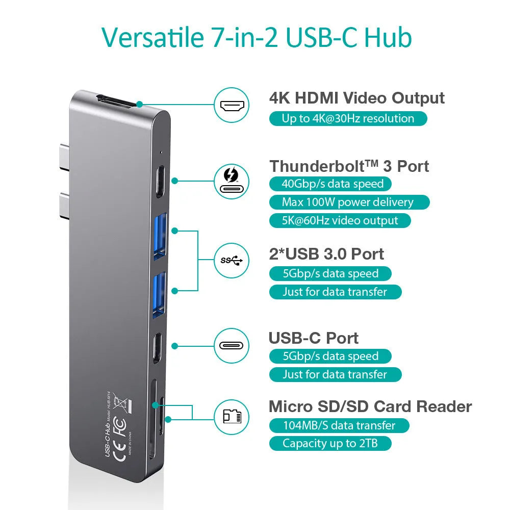 Slim aluminium USB-C hub adapter with SD card slot, HDMI, USB 3.0, and USB-C ports