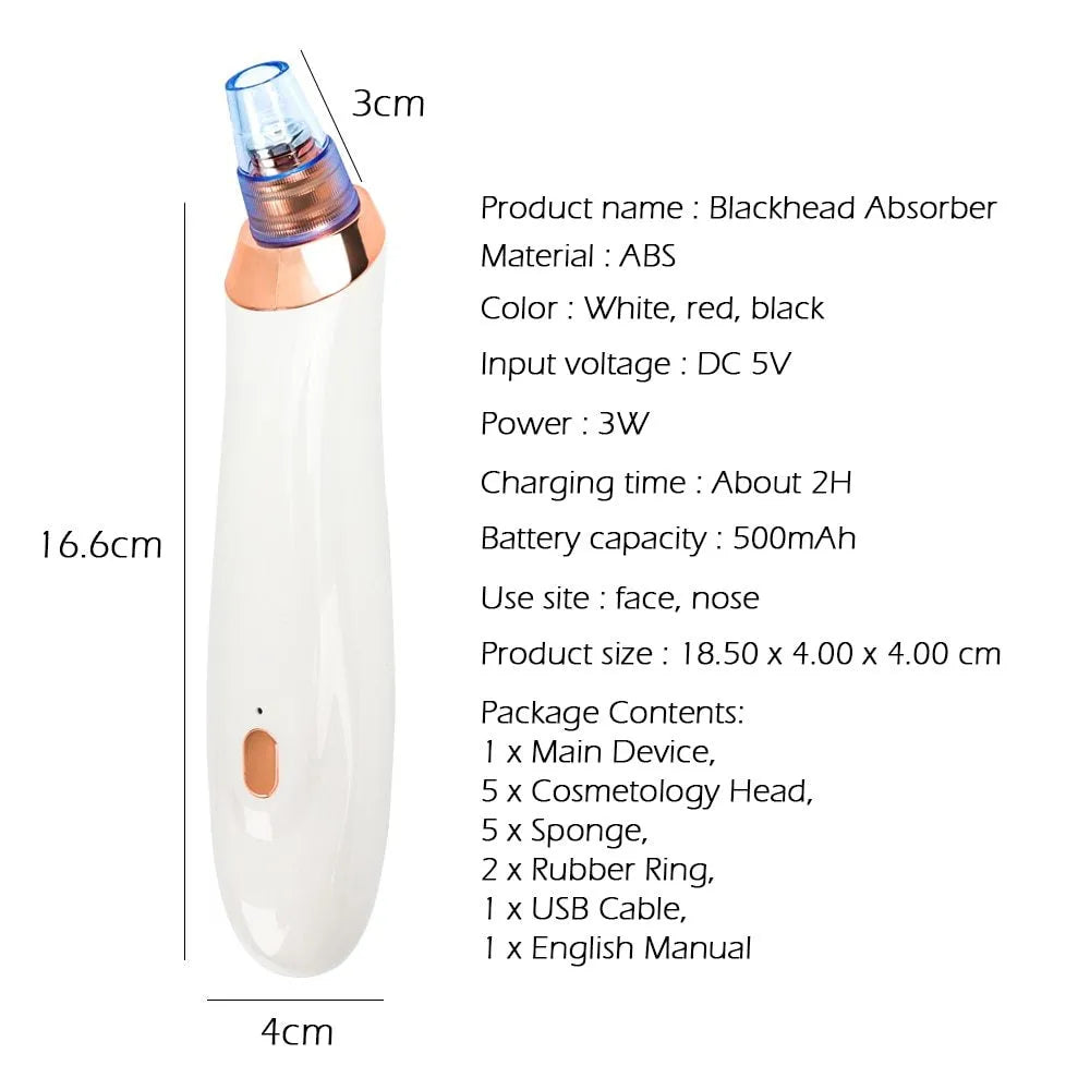 Electric blackhead remover device with five nozzle attachments for pore cleaning