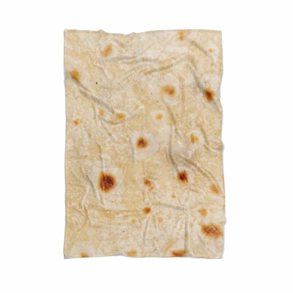 Round flannel burrito blanket with food-themed printing, shown in coral fleece fabric.