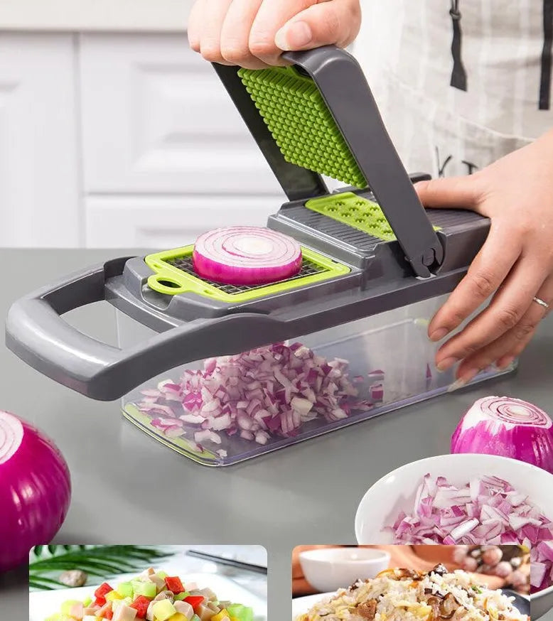 Multifunctional Vegetable Cutter with 7 blades, body in wheat straw material, stainless steel blades, 31.8x11.5x11.5 cm, on kitchen counter