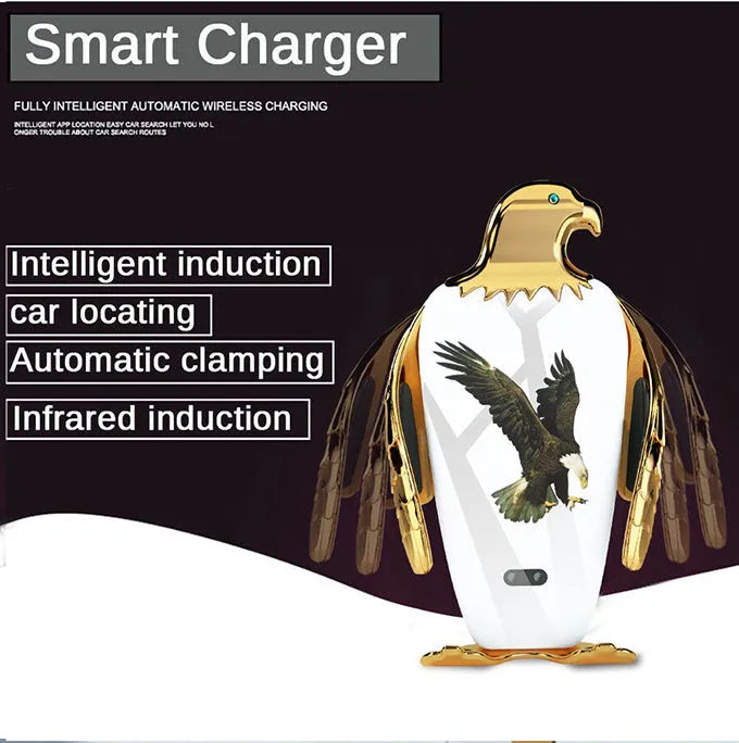 Wireless charging car phone holder in Eagle style with suction cup mount.