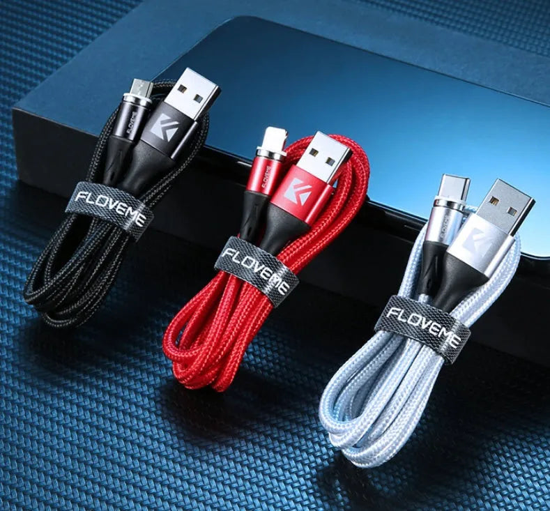 Magnetic smartphone charging cable with LED lights showing black, red, and silver colour options