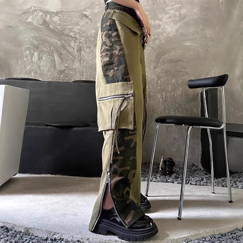 Retro high waist straight-leg jeans with leopard print tooling details on dark khaki denim