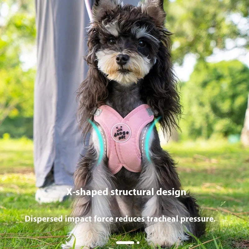 Pink dog vest harness with attached hand holding rope on a white background
