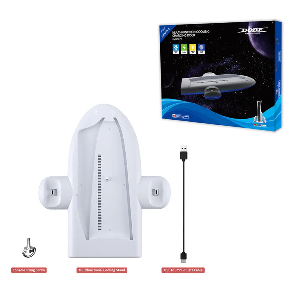 White PS5 Slim charging base with cooler pad, RGB lights, and USB charger