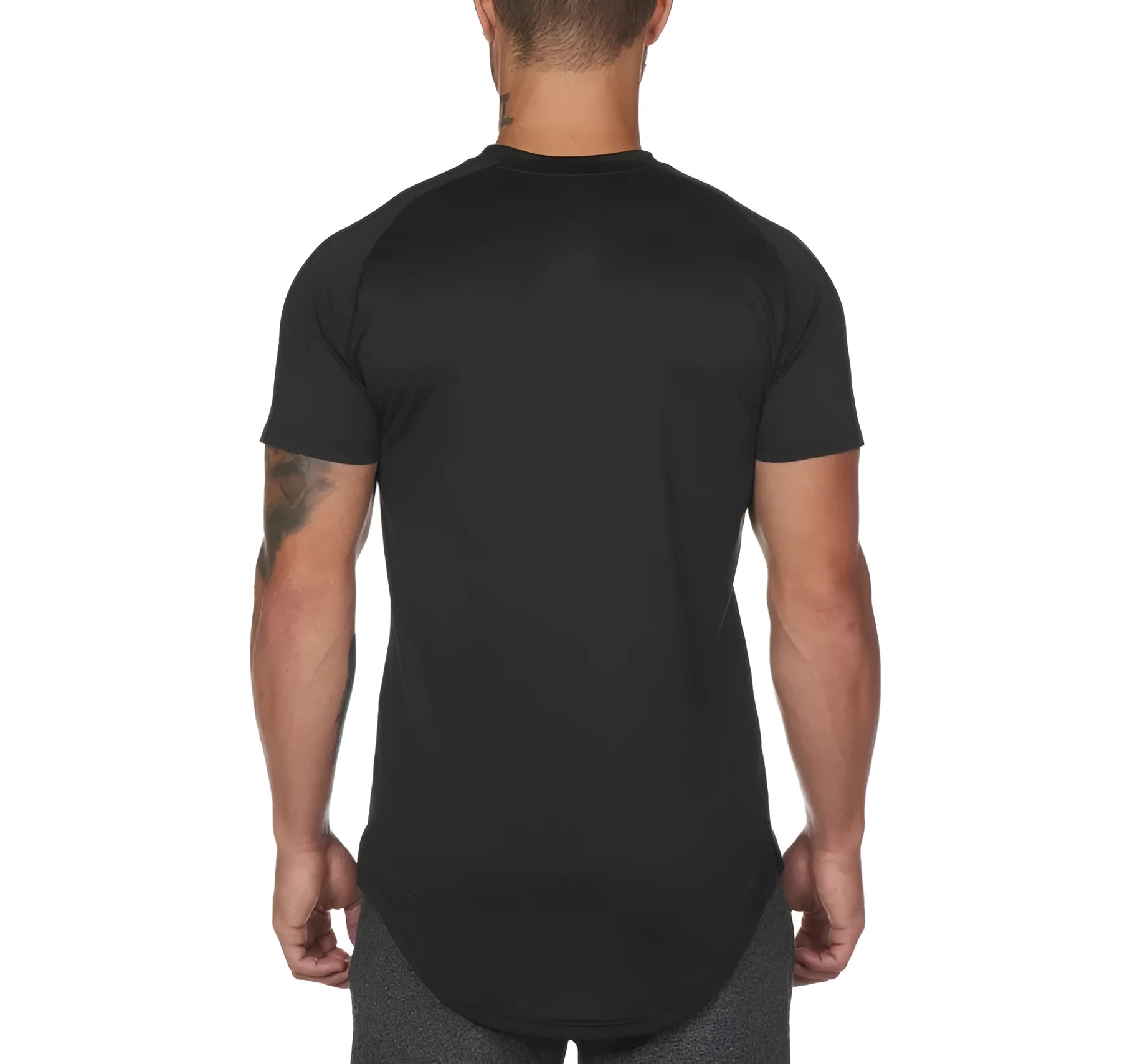 Men's plain custom gym shirt in cotton spandex blend, shown in Army Green, Black, and White colour options.
