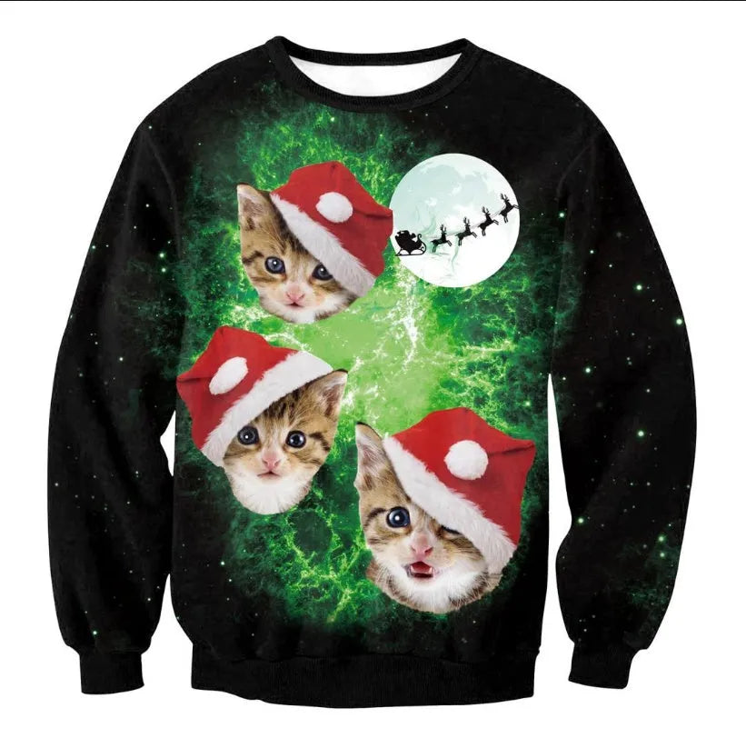 Unisex funny cartoon Christmas sweater pullover in cotton with O-neck and full sleeves