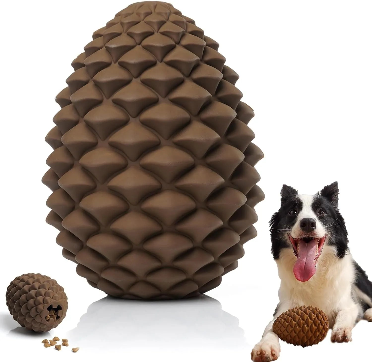 Yellow pine cone-shaped natural rubber dog toy with treat dispenser hole.