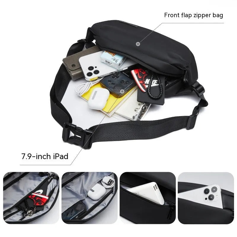 Black Oxford cloth men's messenger bag with cross-body strap.