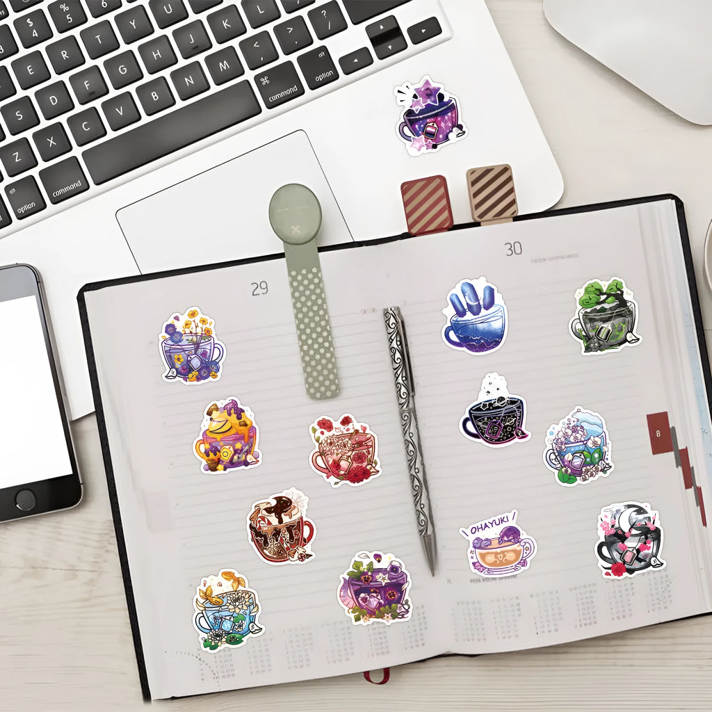 Pack of colourful tea cup graffiti design waterproof stickers for DIY scooter and luggage personalisation.