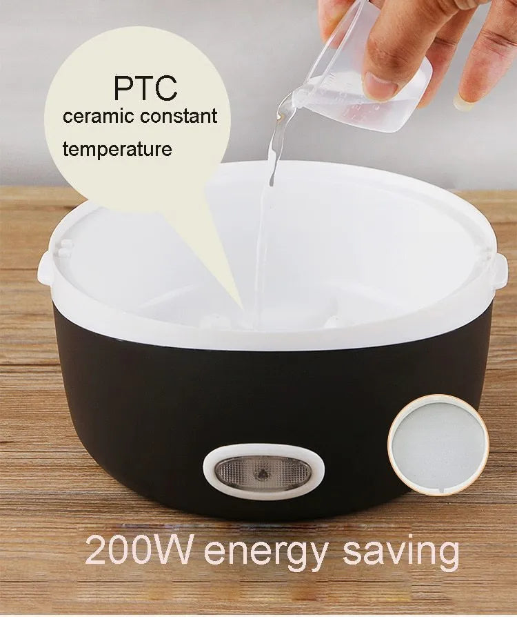 USB-powered multi-function lunch box showing two-layer and three-layer insulated containers