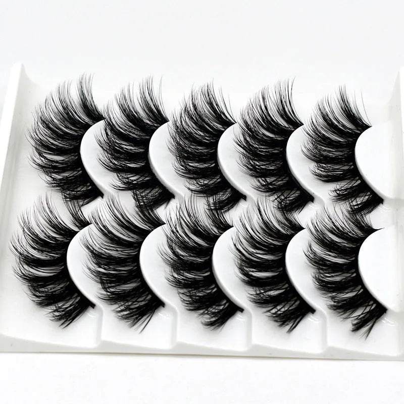 Handmade thick long natural false eyelashes in 3D fiber construction, pack of 5 pairs