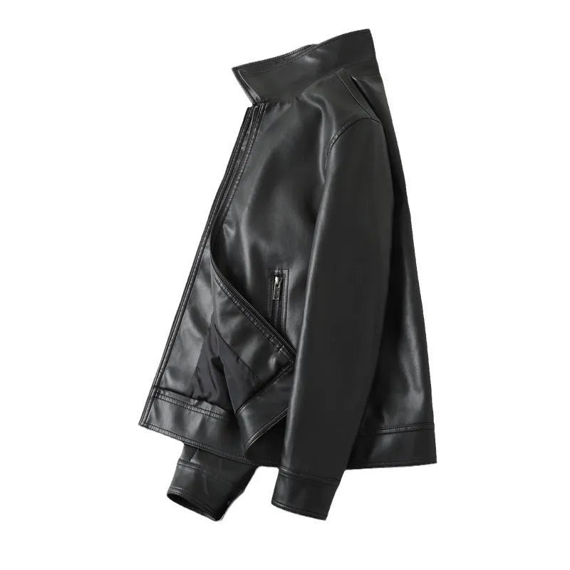 Men's black loose fit PU leather casual jacket with zip and pockets
