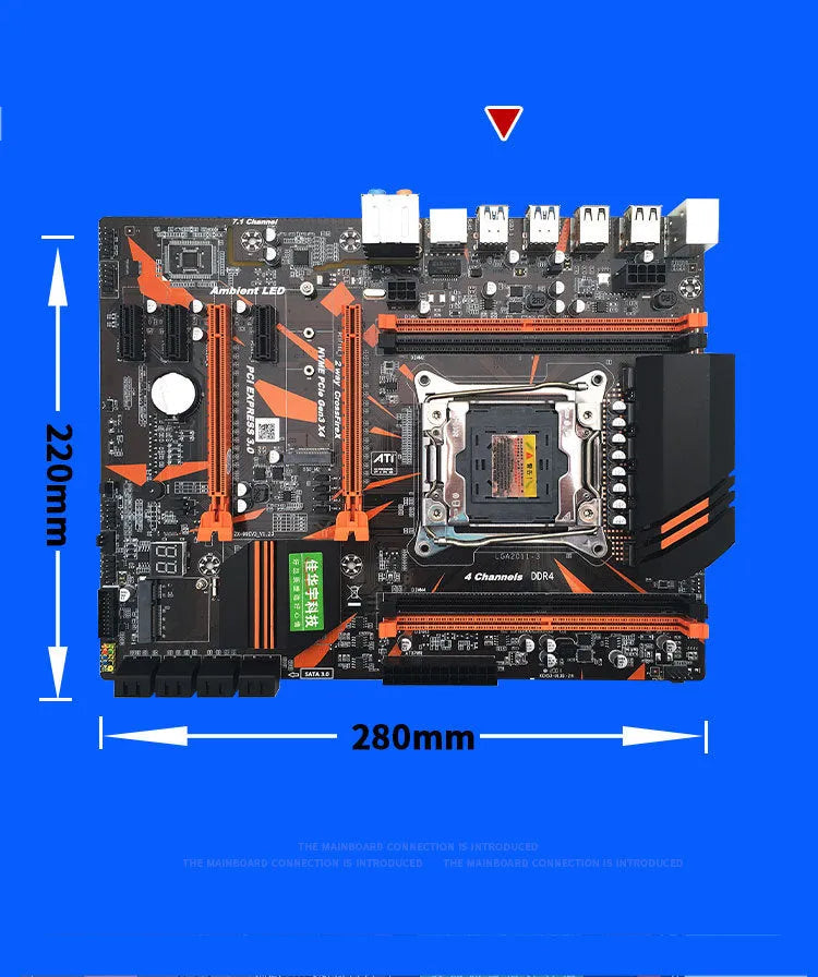Black X99 ATX motherboard with LGA2011-3 socket, four DDR4 slots, dual PCI-E x16 slots, and M.2 interface.