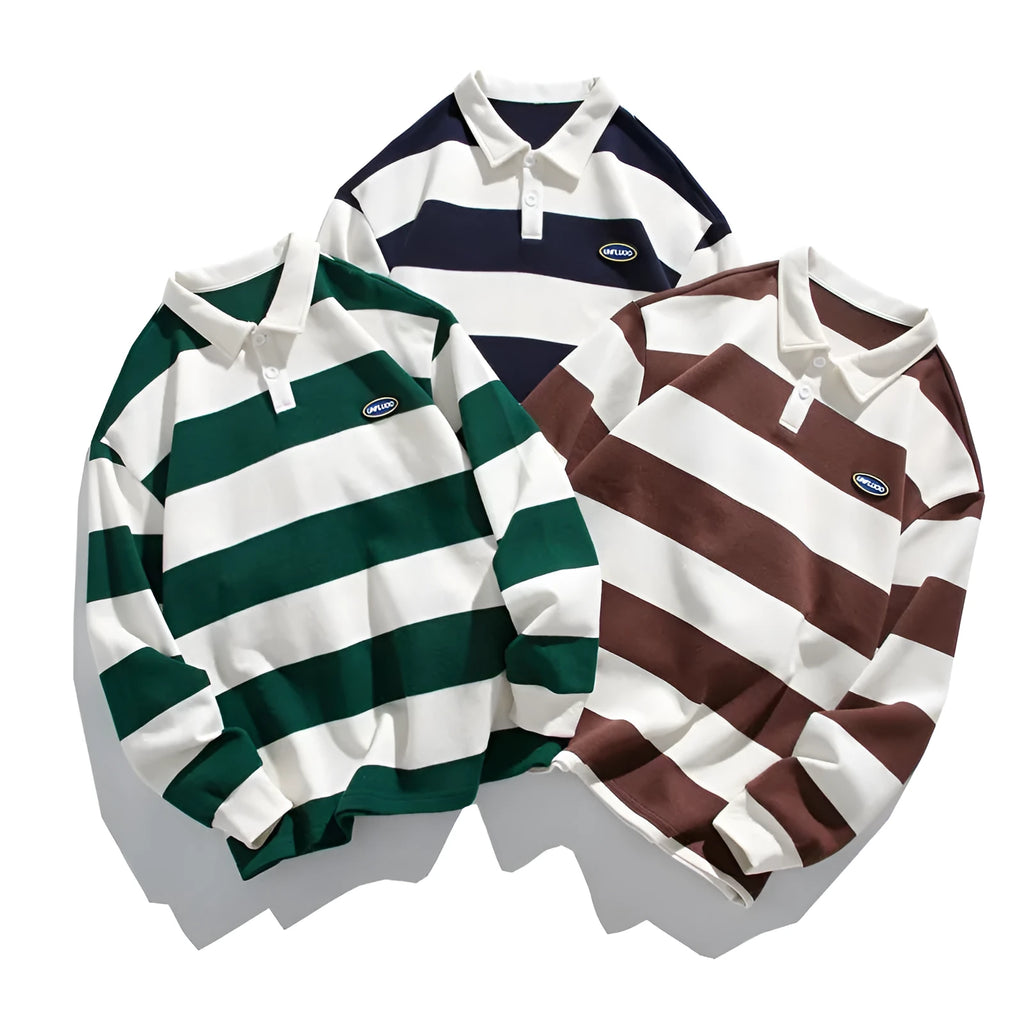 Striped Hong Kong style pearl cotton polo shirt with collar in loose fit autumn design