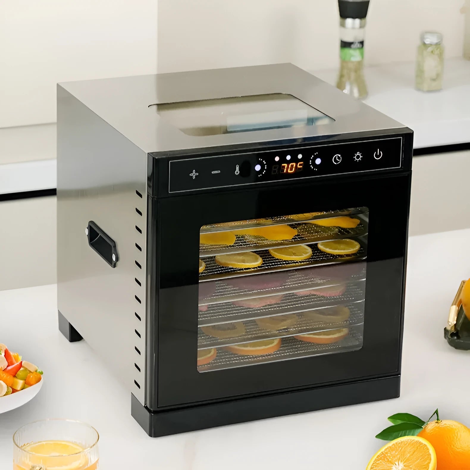 Stainless steel fruit dehydrator appliance with visual skylight top and multiple drying trays.