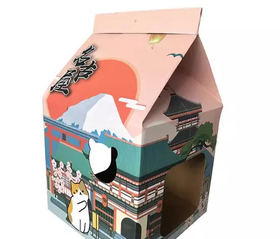 Foldable corrugated paper cat scratching board in Nagoya colour, shown functioning as both a scratching surface and a cat nest.
