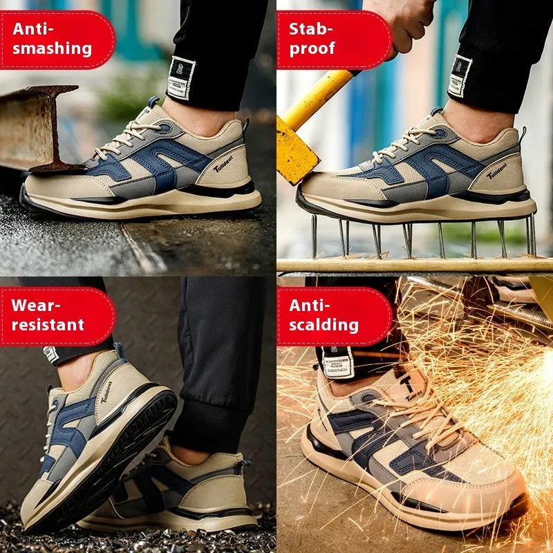 Summer breathable safety shoes for men cow leather khaki anti smashing anti stabbing low cut work shoes