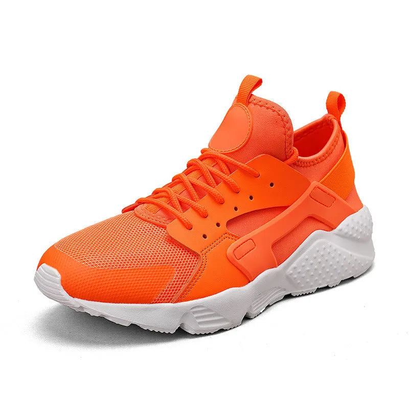 Men's casual low top shoes with mesh upper in fluorescent red colour showing round toe and lace-up design