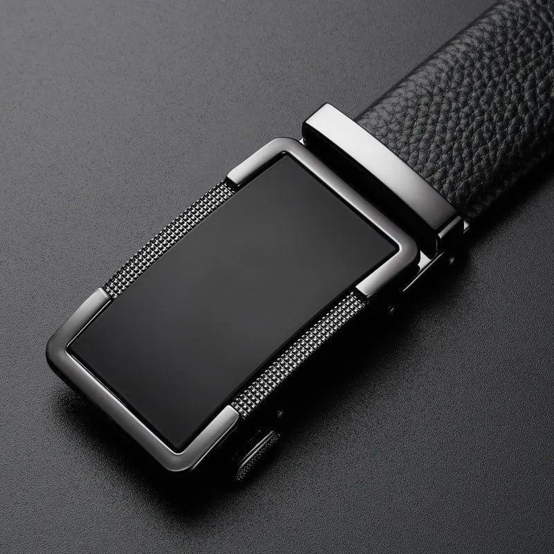 Men's automatic buckle leather belt in gun black, silver, and gold colour options showing the comfort click mechanism.