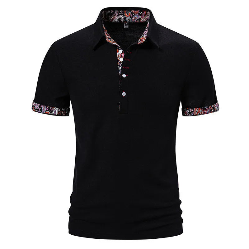 Men's polo shirt in a cotton blend fabric with colour stitching on the turnover collar and short sleeves.