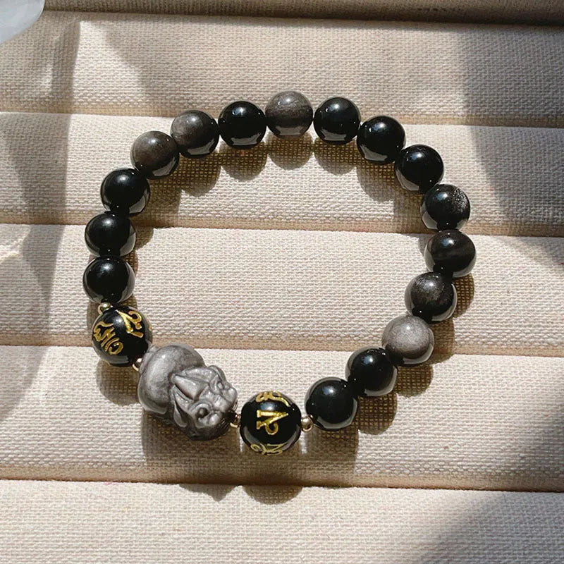 Men's Silver Stone bracelet with zodiac symbols and proverb beading in Chinese style design
