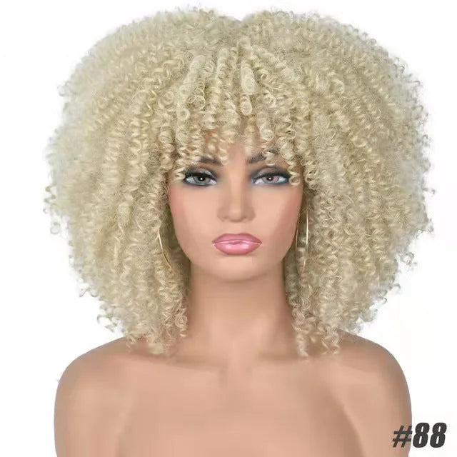 African small curly hair afro wig headgear in high temperature silk with bangs, colour 1B/30