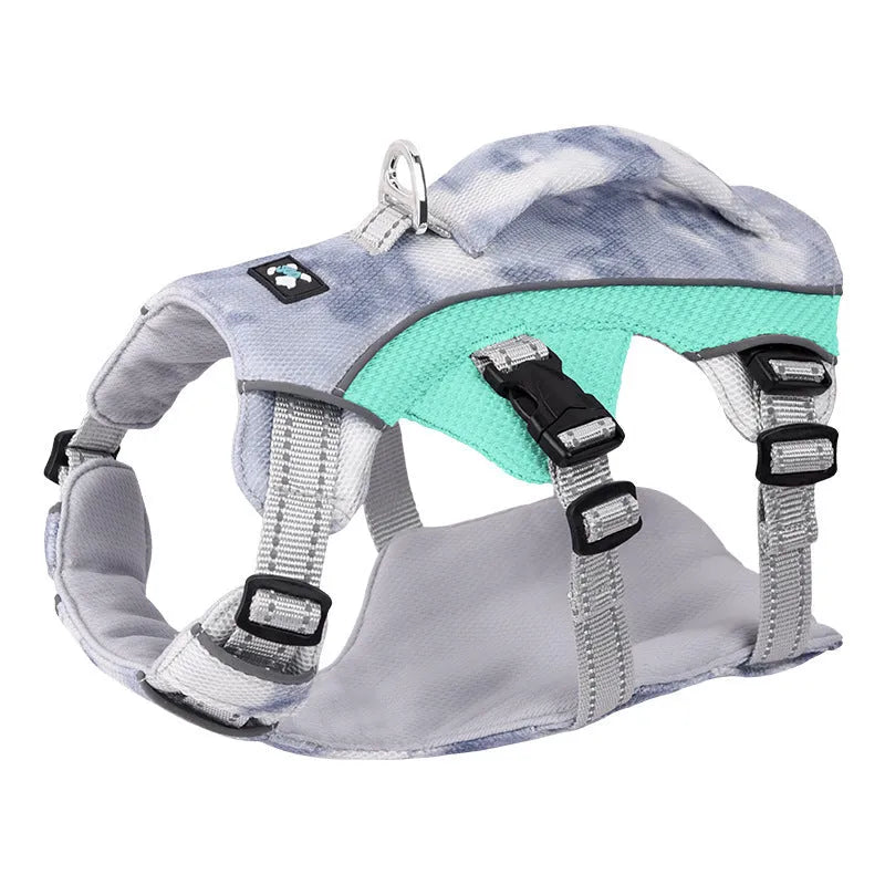 Reflective polyester dog chest strap harness in light blue, shown on a dog