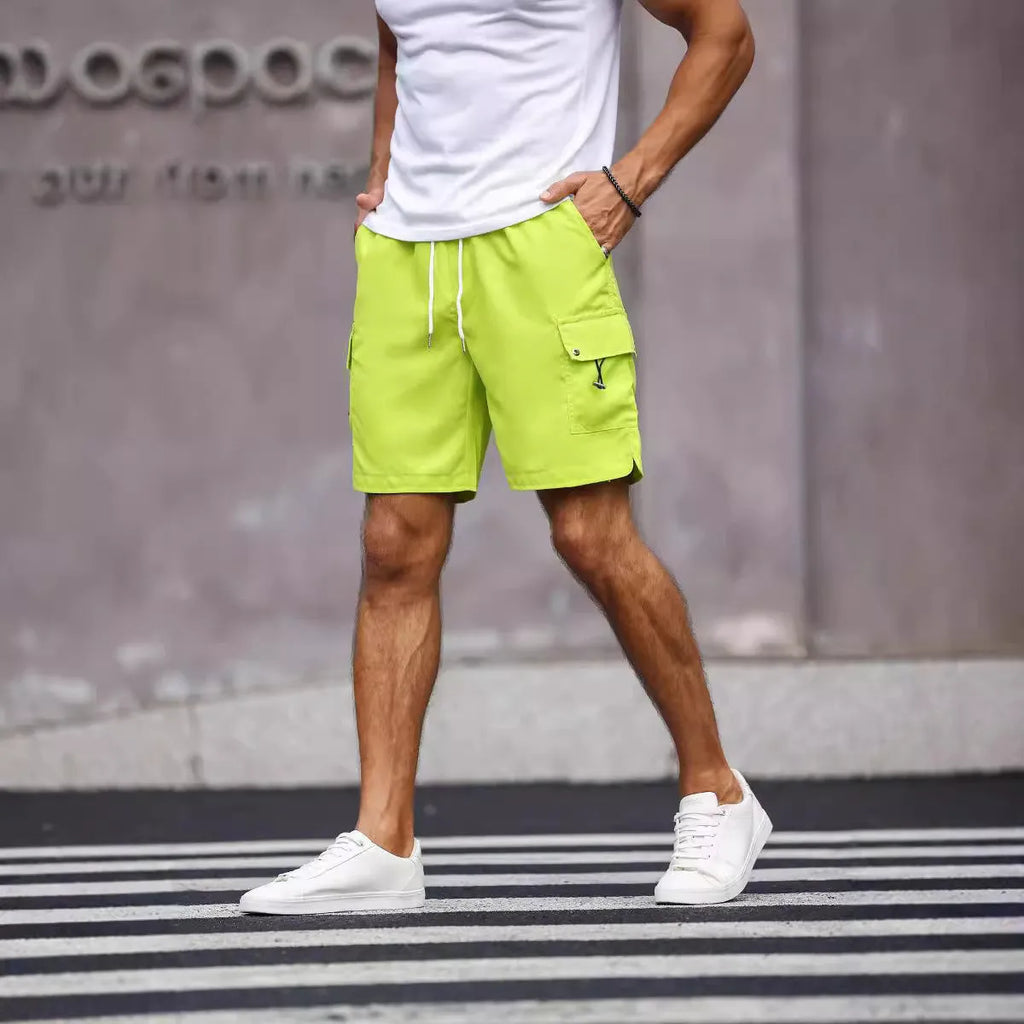 Men's loose fit workwear shorts in Cool Silk Cotton fabric showing fluorescent green and army green colour options