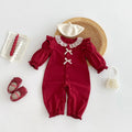 Red cotton baby jumpsuit with long sleeves and double-breasted front, suitable for girls aged 66cm to 90cm