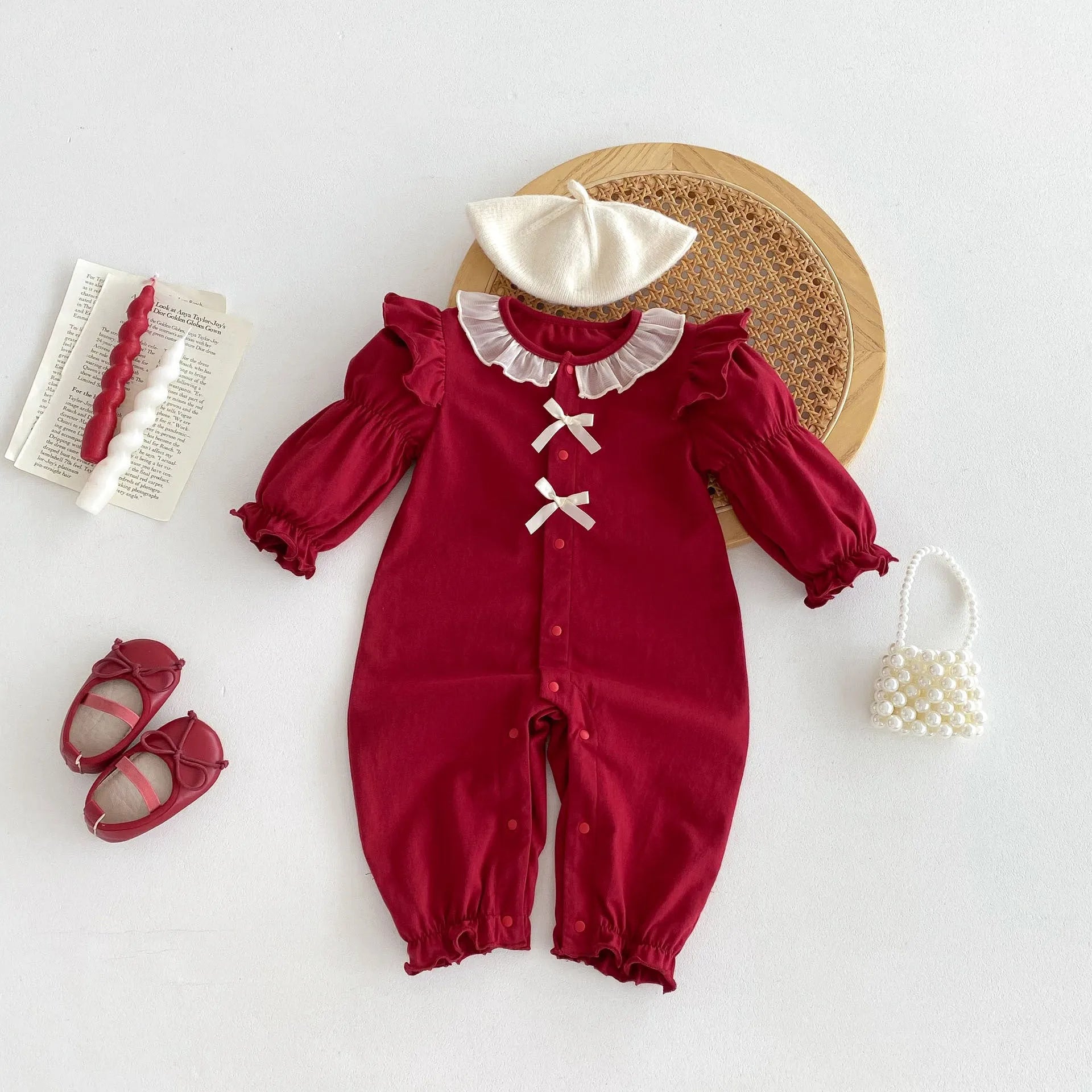 Red cotton baby jumpsuit with long sleeves and double-breasted front, suitable for girls aged 66cm to 90cm