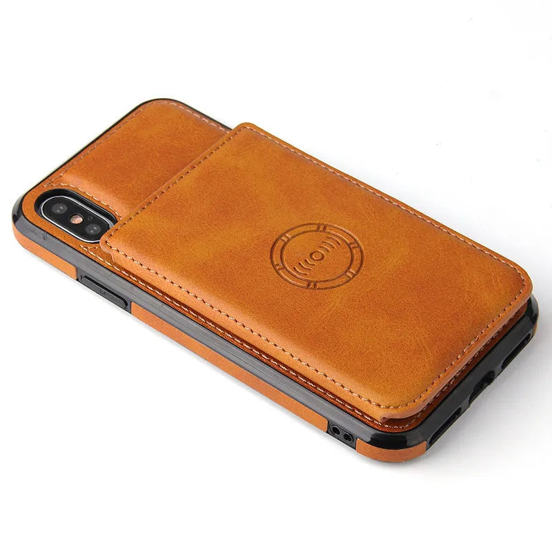 Imitation leather card wallet phone case back cover for iPhone in multiple solid colours