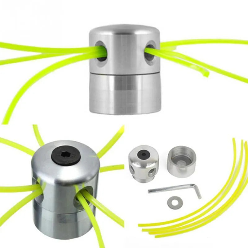 Silver aluminium lawn mower grass trimmer head with four light yellow square cords and a wrench