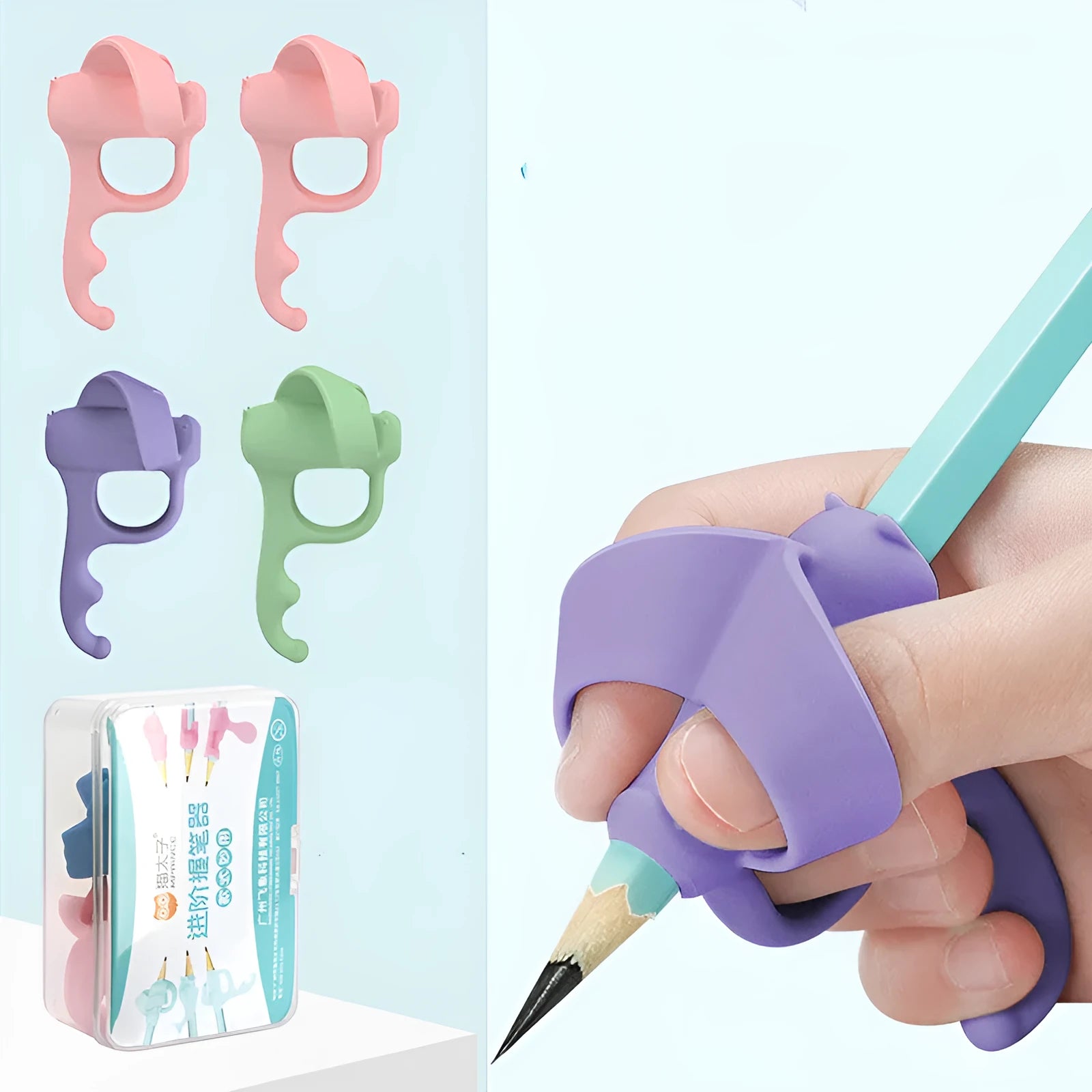 Student correcting pen holder in silicone with five-finger full positioning design for zero-based learning, mixed colour pack